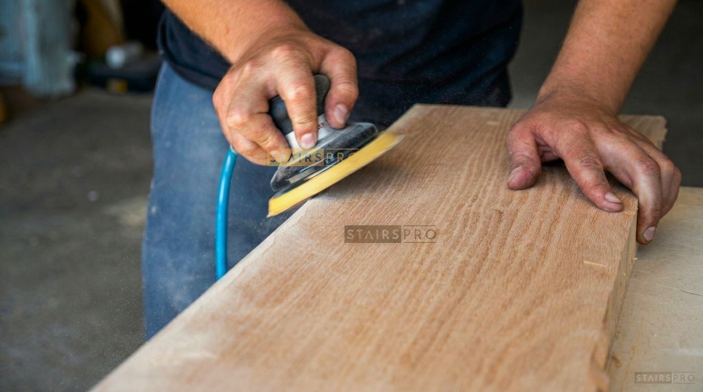 Hand sanding hardwood stair treads Hand sanding hardwood stair treads