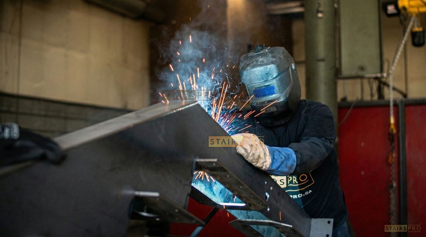 Welding a steel staircase stringer from the inside Welding a steel staircase stringer from the inside